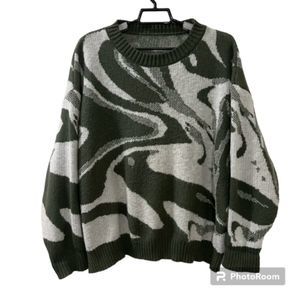 Shein Curve Womens Green White Crewneck Ribbed Hem Polyester Knit Sweater Sz 0XL